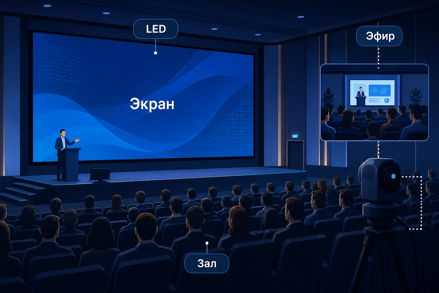 Иллюстрация: лекционный зал с LED-экраном вместо проекторов